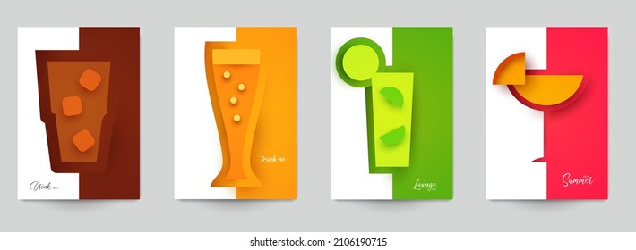 Set of abstract silhouette cocktails with alcohol or juice in minimalistic geometric flat style. Creative colorful composition. Concept for branding menu, cover, flyer, banner. Vector illustration.