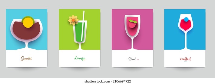 Set of abstract silhouette cocktails with alcohol or juice in minimalistic geometric flat style. Creative colorful composition. Concept for branding menu, cover, flyer, banner. Vector illustration.