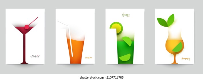 Set of abstract silhouette cocktails with alcohol or juice in minimalistic geometric flat style. Creative colorful composition. Concept for branding menu, cover, flyer, banner. Vector illustration.