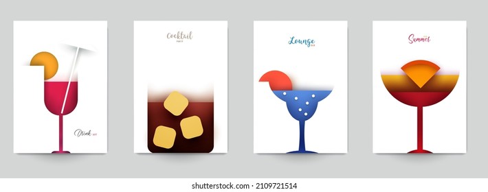 Set of abstract silhouette cocktails with alcohol or juice in minimalistic geometric flat style. Creative colorful composition. Concept for branding menu, cover, flyer, banner. Vector illustration.