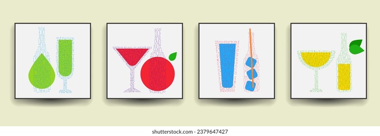 Conjunto de cócteles abstractos de silueta con alcohol o zumo de estilo plano geométrico minimalista. Composición creativa colorida. Concepto de menú de marca, portada, volante, banner. Ilustración vectorial.