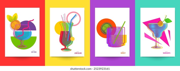 Set of abstract silhouette cocktails with alcohol or juice in minimalistic geometric flat style. Creative colorful composition. Concept for branding menu, cover, flyer, banner. Vector illustration.