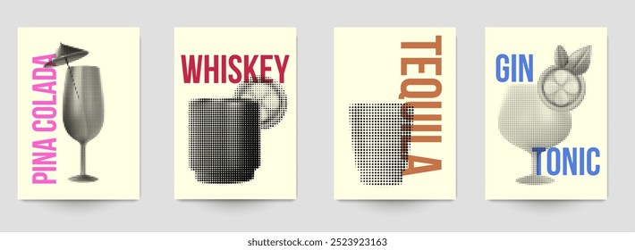 Conjunto de cócteles de silueta abstracta con alcohol o jugo en estilo plano geométrico minimalista. Composición colorida creativa. Concepto para el menú de la marca, cubierta, volante, Anuncio. Ilustración vectorial.