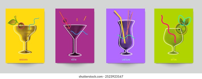 Conjunto de cócteles de silueta abstracta con alcohol o jugo en estilo plano geométrico minimalista. Composición colorida creativa. Concepto para el menú de la marca, cubierta, volante, Anuncio. Ilustración vectorial.