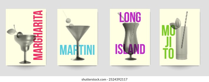 Conjunto de cócteles de silueta abstracta con alcohol o jugo en estilo plano geométrico minimalista. Composición colorida creativa. Concepto para el menú de la marca, cubierta, volante, Anuncio. Ilustración vectorial.