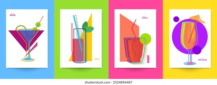 Conjunto de cócteles de silueta abstracta con alcohol o jugo en estilo plano geométrico minimalista. Composición colorida creativa. Concepto para el menú de la marca, cubierta, volante, Anuncio. Ilustración vectorial.