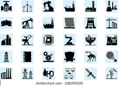 Set of abstract  silhouette industry icons featuring energy, oil an gas, solar, wind energy,  oil rigs, mining, power lines, robots, equipment, construction, telecommunications tower and satellite.  svg