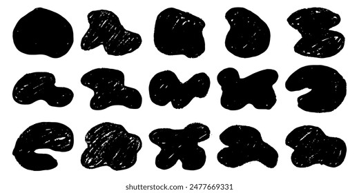 A set of abstract silhouette organic liquid blob shapes with Crayon Pencil Texture. Black chalk brush Irregular random fluid rounded elements. Vector isolated illustrations