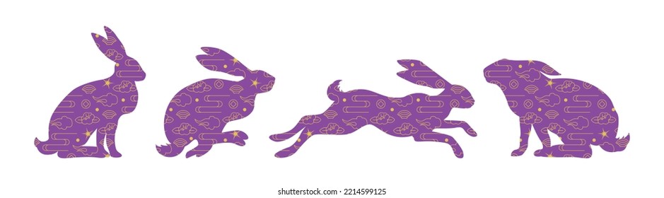 Set of abstract silhouette purple rabbits for mid autumn festival. Chuseok. Mooncake, moon for background, poster. Mystic bunny, hare. Chinese New Year 2023 symbol. Hand drawn vector illustration.