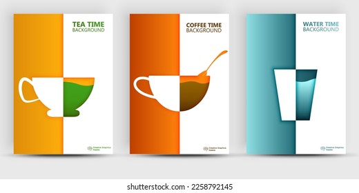 Set of abstract silhouette tea, coffee and water in minimalistic geometric flat style. Creative colorful composition. Concept for branding menu, cover, flyer, banner.