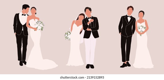 Set of abstract silhouette of wedding couple groom and bride. Woman with bouquet and man portrait. Invitation card. Wedding ceremony. Marriage people vector illustration. Newlyweds poster print decor