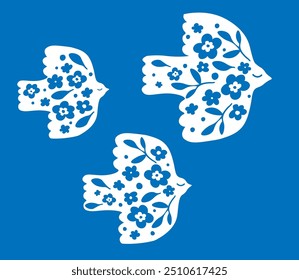 Set of abstract silhouettes of birds with flowers and petals. Simple shapes of dove symbols. Vector illustration.