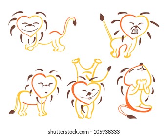 A set of abstract silhouettes of lions in different moods - happy, angry, thoughtful, etc.
