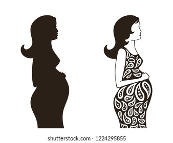 Set of abstract silhouettes of a pregnant girl. Vector illustration. Maternity concept