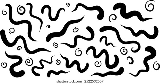 A set of abstract silhouettes of snakes. Isolated silhouette of a snake on a white background
