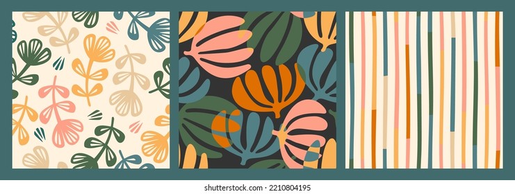 Set of abstract simple seamless pattern with flowers. Modern design for paper, cover, fabric, interior decor and other use.