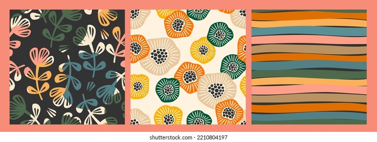 Set of abstract simple seamless pattern with flowers. Modern design for paper, cover, fabric, interior decor and other use.