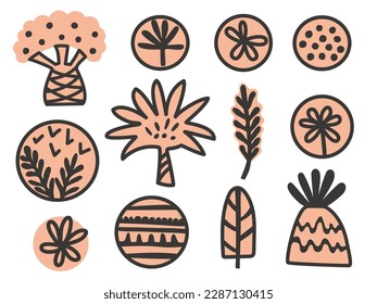 Conjunto de formas abstractas simples dibujando a mano, plantas tropicales selváticas flores ilustración vectorial