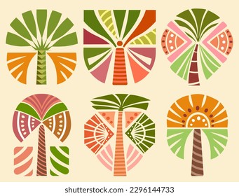 Set of abstract simple shapes drawing in handdrawn style, jungle tropical plants trees