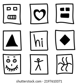Set of abstract sketch doodle hand drawn different symbols and signs.