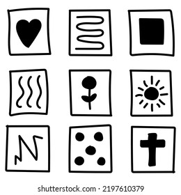 Set of abstract sketch doodle hand drawn different symbols and signs.
