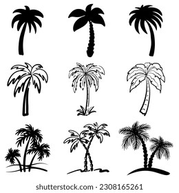 Set of abstract sketches of palm trees. Collection stylized tropical trees. Hand drawn doodle an exotic woods. Vector illustration.