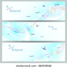 Set of abstract sky backgrounds with birds and rainbow. EPS10 vector illustration