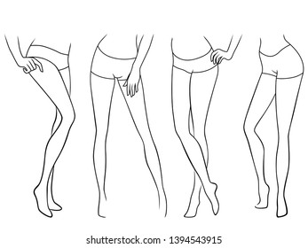 Set of abstract slender female bare feet, hand drawing vector outline
