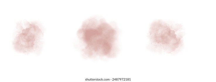 Set of abstract slightly desaturated red watercolor water splash on a white background. Vector watercolour texture in salad color. Ink paint brush stain. Red splatters spot. Watercolor pastel splash