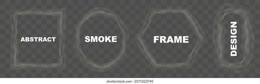 Set of abstract smoke frames in various shapes (square, circle, hexagon, freeform) on transparent background. Soft wispy effect suitable for modern, elegant, or mysterious designs.