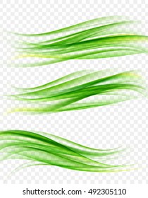 Set of abstract smooth color waves on transparent background, green motion curves vector illustration