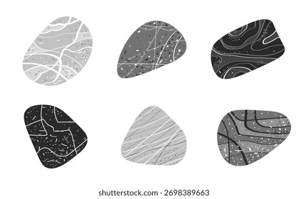 Set of abstract smooth stones with lines and dots. Hand-drawn. Texture effect. Isolated on white background. Natural shapes. Vector illustration.