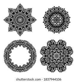 Set of abstract snowflake vector  silhouette  and frame. Black and white mandala ornamental decorative  shapes.