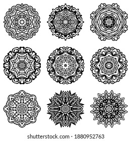 Set of abstract snowflake vector silhouette and frame. Black and white mandala ornamental decorative shapes.