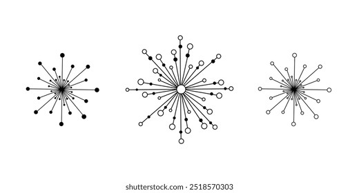 Um conjunto de flocos de neve abstratos isolados sobre um fundo branco. Ilustração de inverno do vetor gráfico preto e branco. Elemento festivo decorativo para decoração, decoração, design. Um layout abstrato 