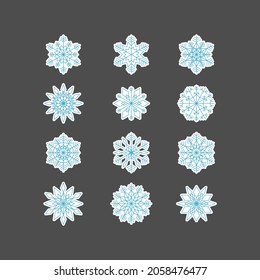 Conjunto de copos de nieve abstractos. Ilustración vectorial de elementos de diseño para papel pintado, superficie, diseño web, textil, decoración, impresión, pegatina.
