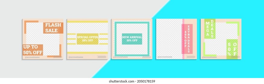 Set of abstract social media background in multiple pastel colors and dummy text.