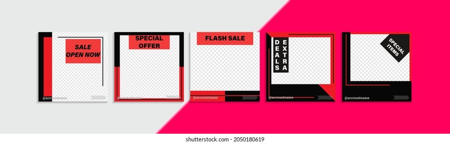 Set of abstract social media background in black and red color and dummy text. Fashion web banner for social media mobile apps in red and black colors. Stylish social media posts, stories, and photos.