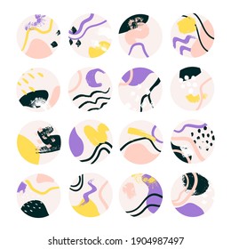 Set of abstract social media highlight covers. Collection of round hand-drawn backgrounds. Modern stories icons. Flat illustration