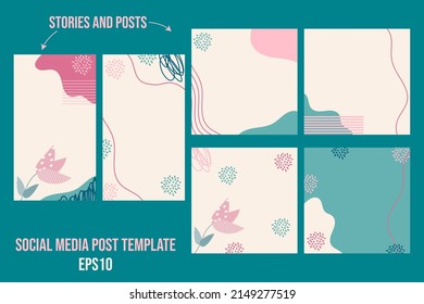A set of abstract social media post template in doodle style. Posts and stories for Instagram. Vector illustration.