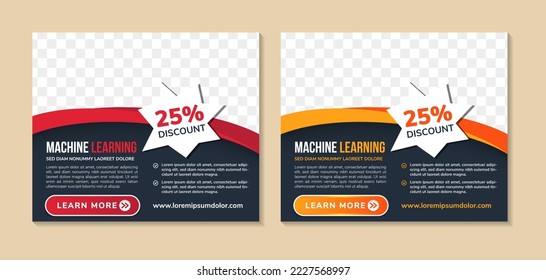 set of abstract social media post banner template design use headline is machine learning. horizontal layout with space for photo collage and text. dark background with red yellow colors on elements.