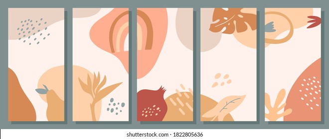 Set of abstract social media templates with shapes, leaves, dots, flowers, fruits. Creative stories pack in pastel color. Vector flat illustration. Modern design of phone backgrounds.