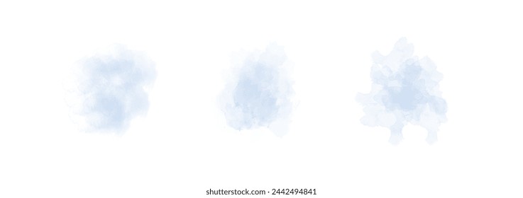 Set of abstract soft blue watercolor water splash on a white background. Vector watercolour texture in salad color. Ink paint brush stain. Soft blue splatters spot. Watercolor pastel splash