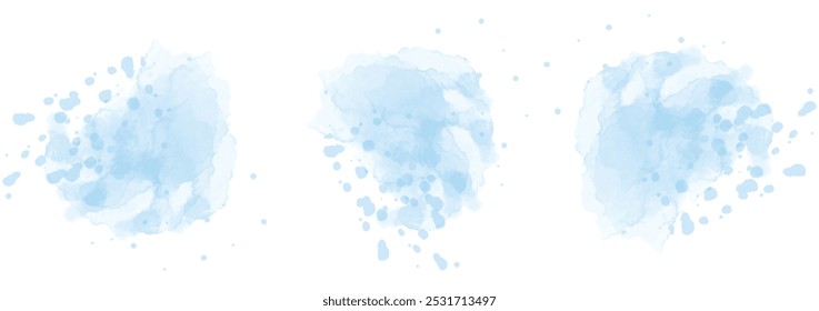 Conjunto de salpicaduras de agua de acuarela azul suave abstracto sobre un fondo blanco. Textura de acuarela de Vector en color de ensalada. Tinción de pincel de tinta. Suave mancha salpicada azul. Salpicadura de pastel de acuarela