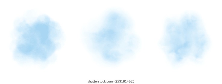 Set of abstract soft blue watercolor water splash on a white background. Vector watercolour texture in salad color. Ink paint brush stain. Soft blue splatters spot. Watercolor pastel splash