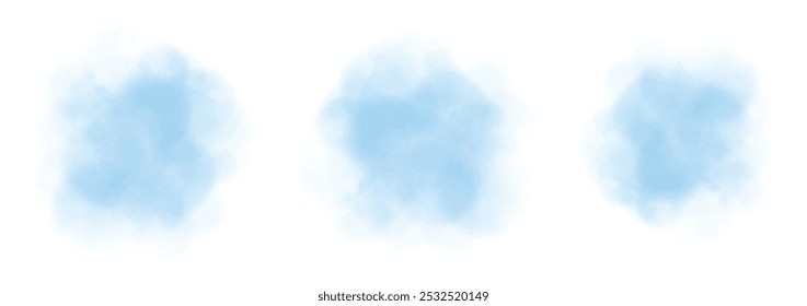 Set of abstract soft blue watercolor water splash on a white background. Vector watercolour texture in salad color. Ink paint brush stain. Soft blue splatters spot. Watercolor pastel splash