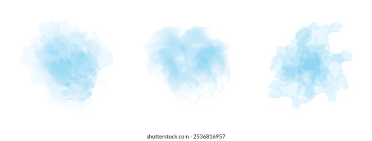 Set of abstract soft blue watercolor water splash on a white background. Vector watercolour texture in salad color. Ink paint brush stain. Soft blue splatters spot. Watercolor pastel splash