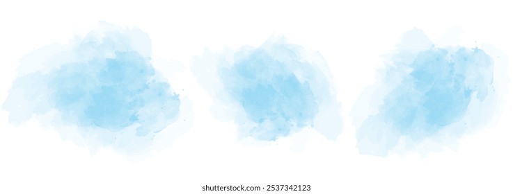 Set of abstract soft blue watercolor water splash on a white background. Vector watercolour texture in salad color. Ink paint brush stain. Soft blue splatters spot. Watercolor pastel splash