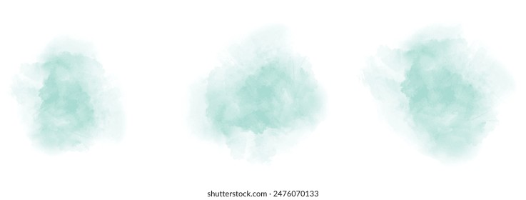 Set of abstract soft cyan watercolor water splash on a white background. Vector watercolour texture in salad color. Ink paint brush stain. Soft cyan splatters spot. Watercolor pastel splash