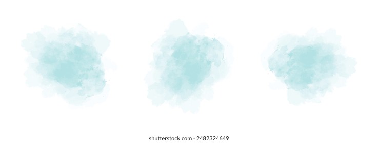 Set of abstract soft cyan watercolor water splash on a white background. Vector watercolour texture in salad color. Ink paint brush stain. Soft cyan splatters spot. Watercolor pastel splash